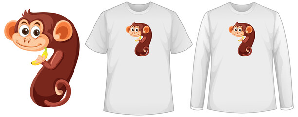 Set of two types of shirt with monkey in number seven shape screen on t-shirts