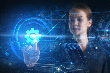 business, technology, internet and network concept. young businessman thinks over the steps for succ