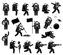 Astronaut Or Spaceman Character Set Stick Figure. Vector Illustration Of Astronaut With Different Poses And Actions. The Spaceman Meet Alien, Putting A Flag, And A Space Trooper Shooting With A Gun.