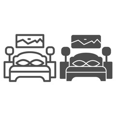 Poster - Double bed with nightstands and picture on wall line and solid icon, Furniture concept, bedroom interior sign on white background, bedroom with furniture icon in outline style. Vector graphics.