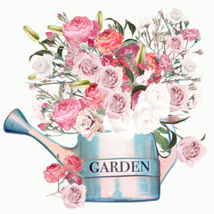 Poster - Garden blue watering can with pink and white roses, fashion vector illustration in vintage watercolor style