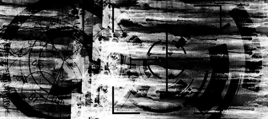 Wall Mural - Abstract grunge futuristic cyber technology panoramic background. Drawing on old grungy surface	