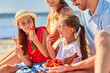 © Syda Productions - family, leisure and people concept - happy mother, father and two daughters having picnic on summer beach and eating strawberries