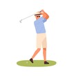 Adult man in cap, shorts and sunglasses playing golf. Professional golfer sportsman. Outdoor activity, hobby. Flat vector cartoon illustration isolated on white background