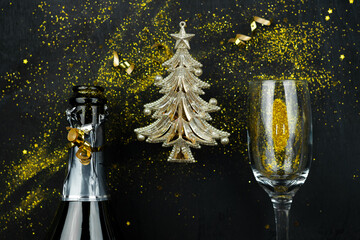 Wall Mural - new year or christmas background on gold and black background