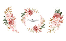 Set Of Watercolor Floral Arrangements Of Brown And Peach Roses And Leaves. Botanic Decoration Illustration For Wedding Card, Fabric, And Logo Composition