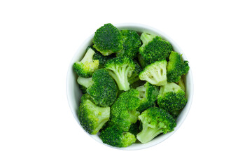 Frozen broccoli florets in a bowl isolated on white background, top view