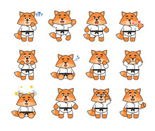 Set Of Karate Fox Characters Showing Various Emotions. Cute Karate Fox Mascot Thinking, Angry, Sleeping, Sad, Crying And Showing Other Emotions. Vector Illustration Bundle