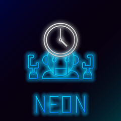 Poster - Glowing neon line Robot and digital time manager icon isolated on black background. Time management assistance, workflow optimization help. Colorful outline concept. Vector.