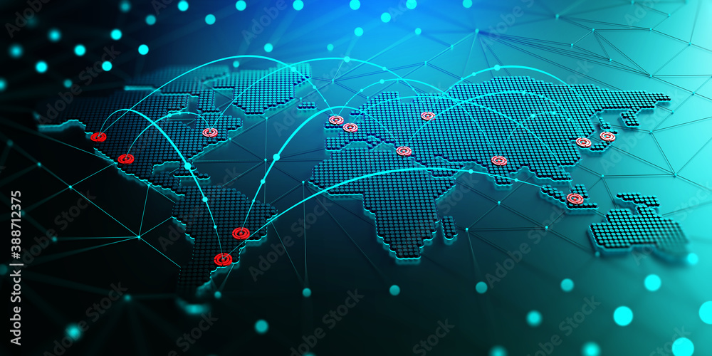 Abstract map of continents. Globalization and geopolitics in high-tech world of future. 3D illustration of communications and data exchange in a virtual network. Bright, juicy, neon colors - obrazy, fototapety, plakaty 