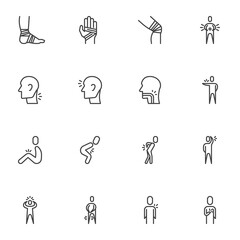 Body pain line icons set, human body ache outline vector symbol collection, linear style pictogram pack. Signs logo illustration. Set includes icons as hand trauma, headache, heart pain, stomach, knee