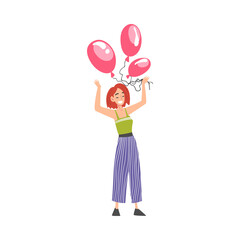 Sticker - Joyful Girl with Pink Balloons, Happy Person with Holiday Symbol, Happy Birthday Concept Cartoon Style Vector Illustration