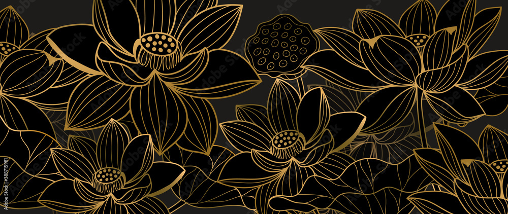 Golden lotus line arts on dark background, Luxury gold wallpaper design for prints, banner, fabric, poster, cover, digital arts vector illustration.. - obrazy, fototapety, plakaty 