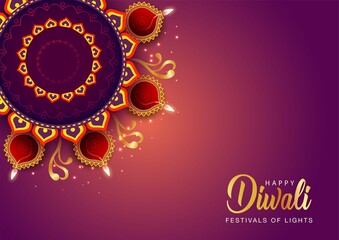  Happy Diwali celebration background. Top view of banner design decorated with illuminated oil lamps on patterned stylish background. vector illustration