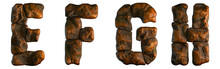 Set Of Rocky Letters E, F, G, H. Font Of Stone On White Background. 3d