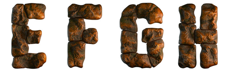 Wall Mural - Set of rocky letters E, F, G, H. Font of stone on white background. 3d