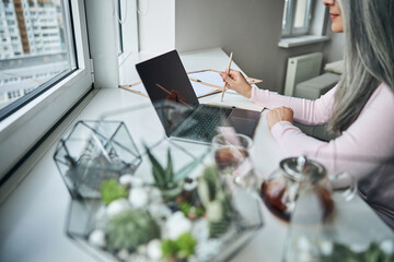 Wall Mural - Charming woman holding pencil and using laptop