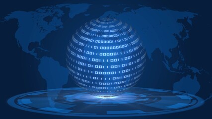 Poster - Abstract 3D data flow illustration - digital futuristic technology concept - sphere of binary code over HUD elements in light effects - world map background