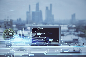 Fototapete - Multi exposure of table with computer on background and data theme drawing. Concept of innovation.