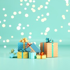 Fototapete - Gift box Set on green pastel color background with Lighting Bokeh backdrop. 3D Render. minimal christmas new year concept. selective focus.