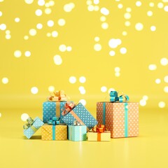 Poster - Gift box Set on yellow color background with Lighting Bokeh backdrop. 3D Render. minimal christmas new year concept. selective focus.