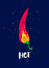 Wall Mural - Chili pepper with text and fire on dark background. Flat style. Vector food card.