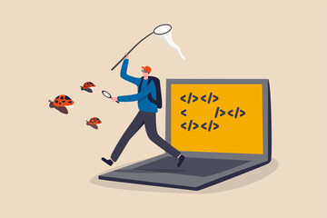 Programming debug search for application software bug and fix code concept, young nerd programmer, coder or software tester running from computer laptop using debugging tools to catch ladybugs.