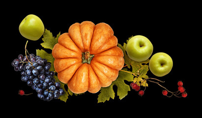 Wall Mural - autumn arrangement with pumpkin, grapes, apples, red berries and green leaves isolated on black back