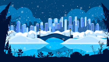 Christmas Winter City Holiday Background With Snow, Bridge, New York Buildings, Park, Trees Outline. Urban Architecture Landscape With Skyscrapers, Pine Silhouette. Winter City Illustration In Blue