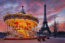 Sunset Over Vintage Carousel Close To Eiffel Tower, Paris
