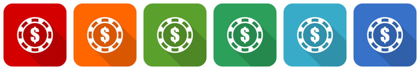 Leinwandbilder - Casino chip icon set, flat design vector illustration in 6 colors options for webdesign and mobile applications