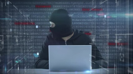 Poster - Network of connections, data processing on computer servers over male hacker using laptop