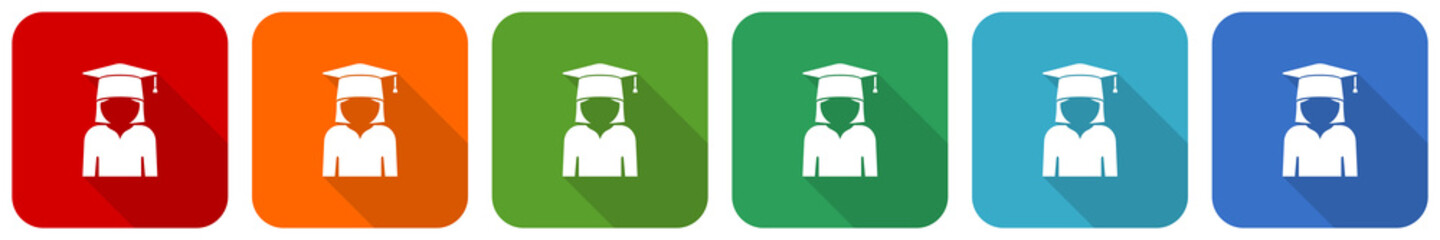 Poster - Graduate, education, female student icon set, flat design vector illustration in 6 colors options for webdesign and mobile applications