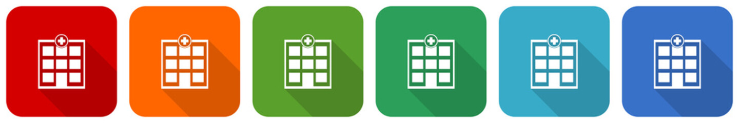Aufkleber - Hospital building icon set, flat design vector illustration in 6 colors options for webdesign and mobile applications