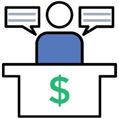 Poster - 
Human avatar sitting on money desk with speech bubbles showing project inquiry icon
