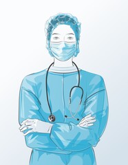 Wall Mural - Portrait of Doctor with face mask, medical gloves crossed arms. Female nurse character wearing white coat, stethoscope, protective PPE. Vector sketch line illustration