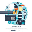 Independent journalism flat banner. Equipment for journalist. Flat vector illustration