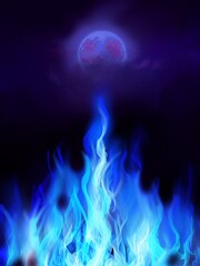 Wall Mural - The background of blue fire and creepy moon in the night	