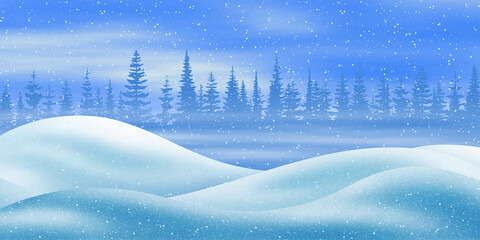 Wall Mural - light winter landscape, snow drifts and trees, it snows, vector illustration, eps10