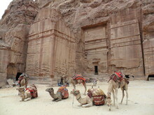 Hiking In The Red Sand Dunes And Cliffs Of Wadi Rum And Petra Archeological Site In Jordan, Middle East