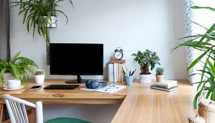Blank screen of monitor in computer on wooden office desk in stylish business room with white wall and mock up. Light interior of office space with plants and laptop in vintage style. Banner.