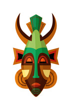 Horned African Mask. Vector Ethnic Symbol Of Voodoo People. Horned Mask African Culture Artifact Illustration Isolated On White Background.