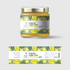 Wall Mural - Star Fruit (carambola) jam label and packaging. Jar with cap with label. White strip with text and on seamless pattern with fruits, flowers and leaves.