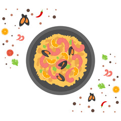 Spanish rice dish vector Icon design, National Dish of Spain Sign,Traditional cuisine Symbol on white background, Gourmet foo d cooking and restaurant menu item with ingredients, Shrimp Paella Concept