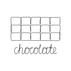 Wall Mural - Chocolate bar contour with freehand text. Drawing with black one continuous line. Horizontal print, poster, stamp. Hand drawn vector illustration for packaging design. Thin linear, white background