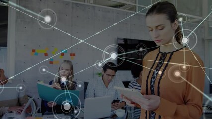 Poster - Network of connections against woman using digital tablet at office