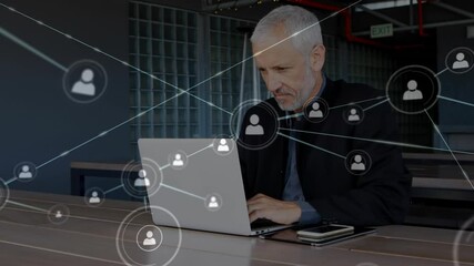Poster - Network of connection icons against senior man using laptop