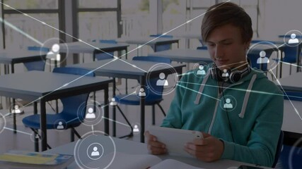 Poster - Network of connections icons against man using digital tablet