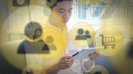 Poster - Digital icons against man wearing headphones using digital tablet