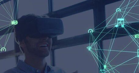 Poster - Globe of network of connections against man using VR headset